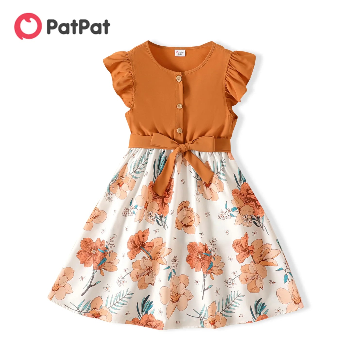 PatPat Girl Kids Dress Girl Dresses for Very Elegant Party Ruffled Floral Print Splice Belted Flutter-sleeve Dress Girl Clothing