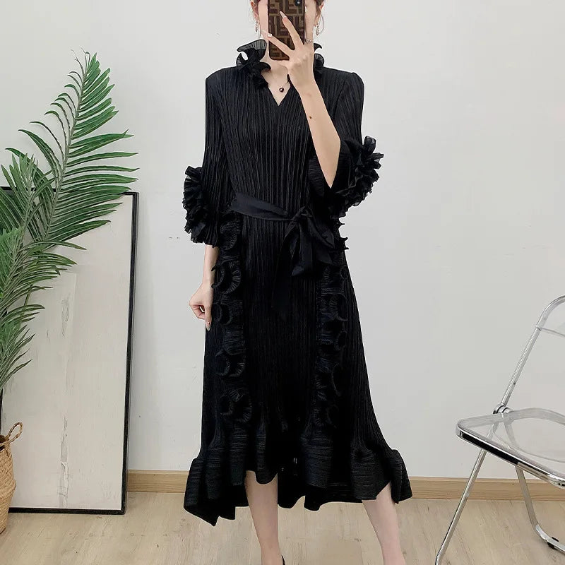 Pleated Fungus Edge Long Dress Summer Fashion Women's Clothing Elegant Medium Long Dress