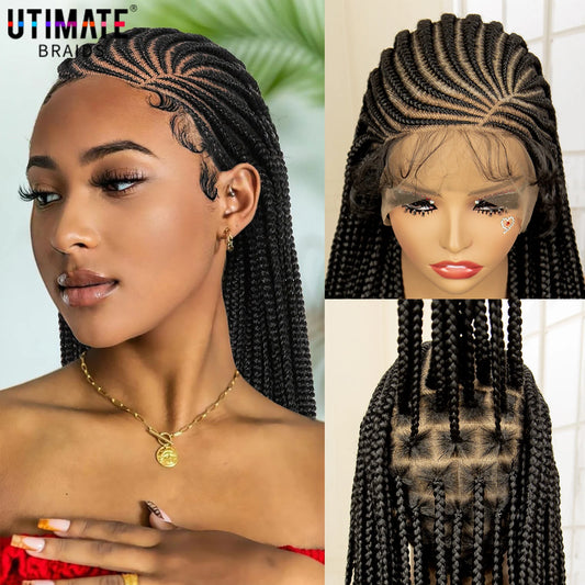 Full Lace Cornrow Braided Wigs Black Women Handmade Synthetic Long Box Braided Wig with Baby Hair Lace Front Braids Wigs