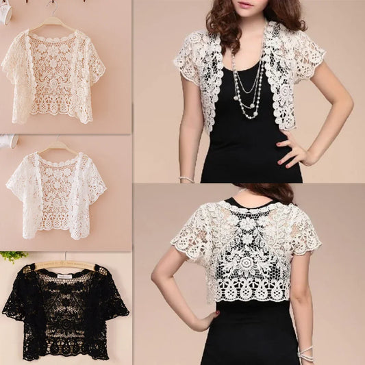 White Black Apricot Women Short Sleeve Shrug Bolero Lace Wedding Bridal Summer Jacket Elegant Lace Cape Knit Vest Vest Women