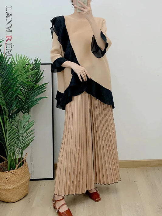 Ruffled Irregular Top+casual Wide Leg Pants Two-piece Pleated Set Loose Elegant Clothing