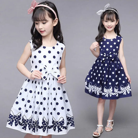 Girls Polka-Dot Dress Summer Sleeveless Bow Ball Gown