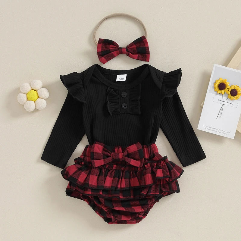 Baby Girl Clothes Christmas Outfits Solid Color Crew Neck Long Sleeve Romper Ruffles Plaid Shorts Headband 3Pcs Xmas Clothes