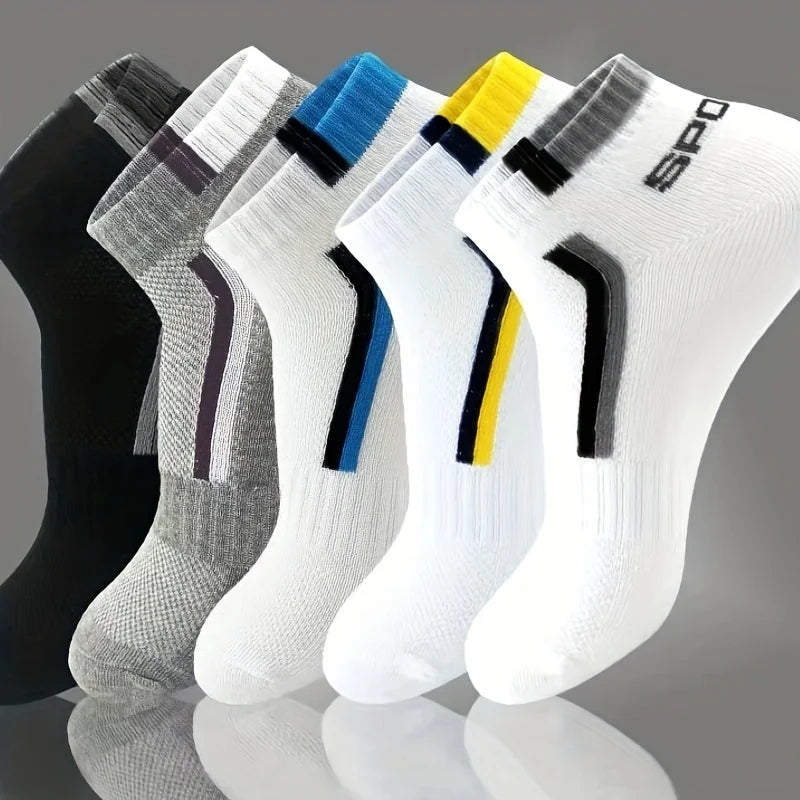 5pairs Men's Fashion Sports Socks, Striped Cotton Sweat Absorption Breathable Comfortable Ankle Socks