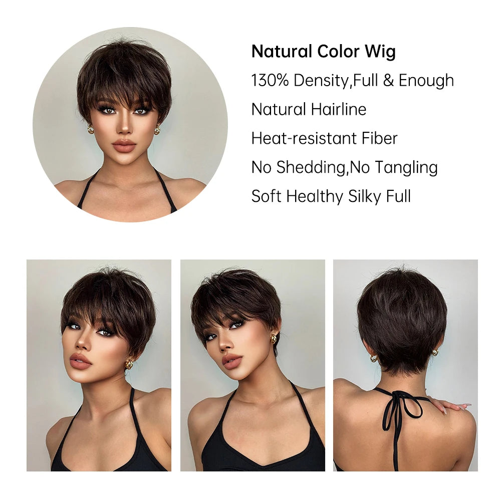 Short Pixie Cut Dark Brown Synthetic Wigs Natural Straight Layered Wig with Fluffy Bangs for Women Daily Heat Resistant Hair