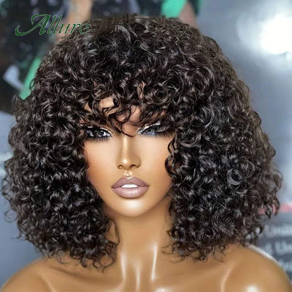 Natural Jerry Curly Wig With Bangs Human Hair Wigs Black Women Short Colored Burgundy Brown Glueless Brazilian Remy Hair Allure