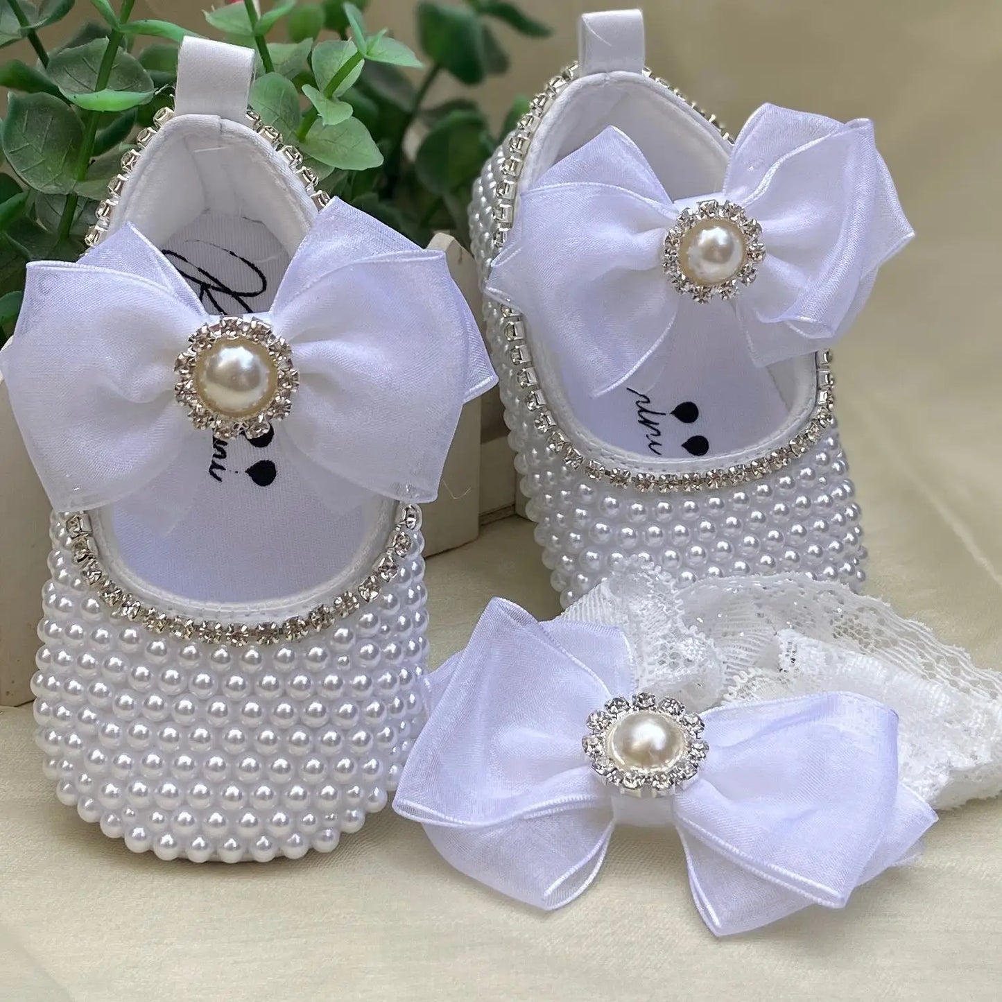 White Pearls Bling Rhinestone Baby Crib Shoes Christening Outfit