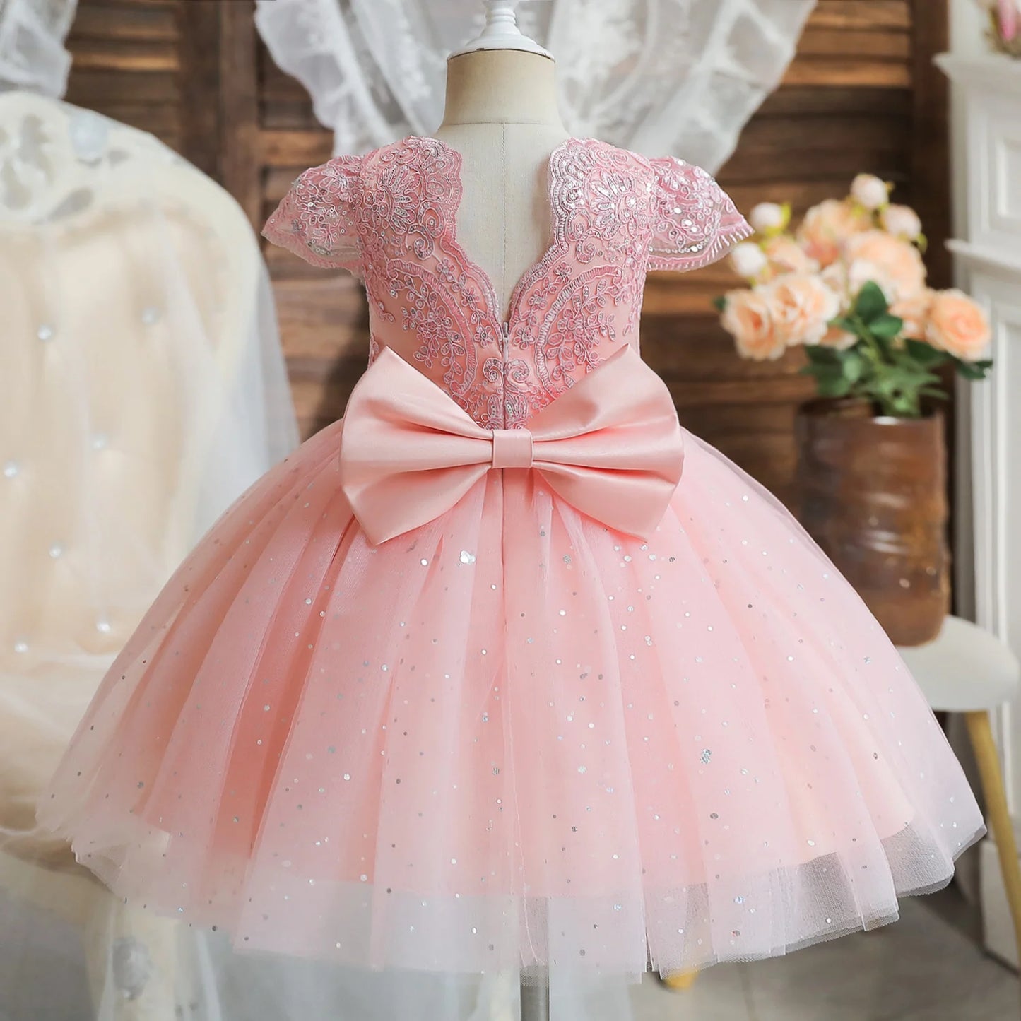 Toddler Girls 1st Birthday Party Dresses Cute Bow Kids Princess Lace Tulle Short Dress Flower Girls Dresses for Wedding 1-5 Year