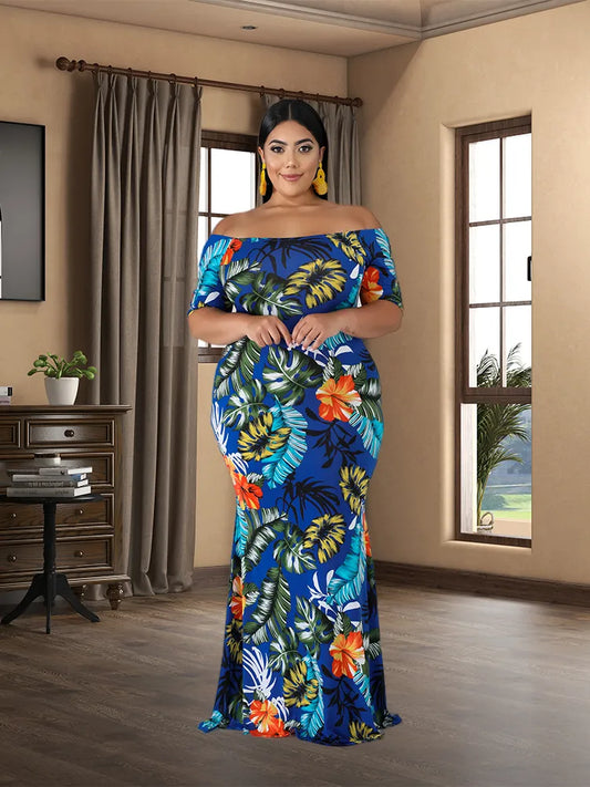 Plus Size Short Sleeved Floral  Women Robe Soirée Femme