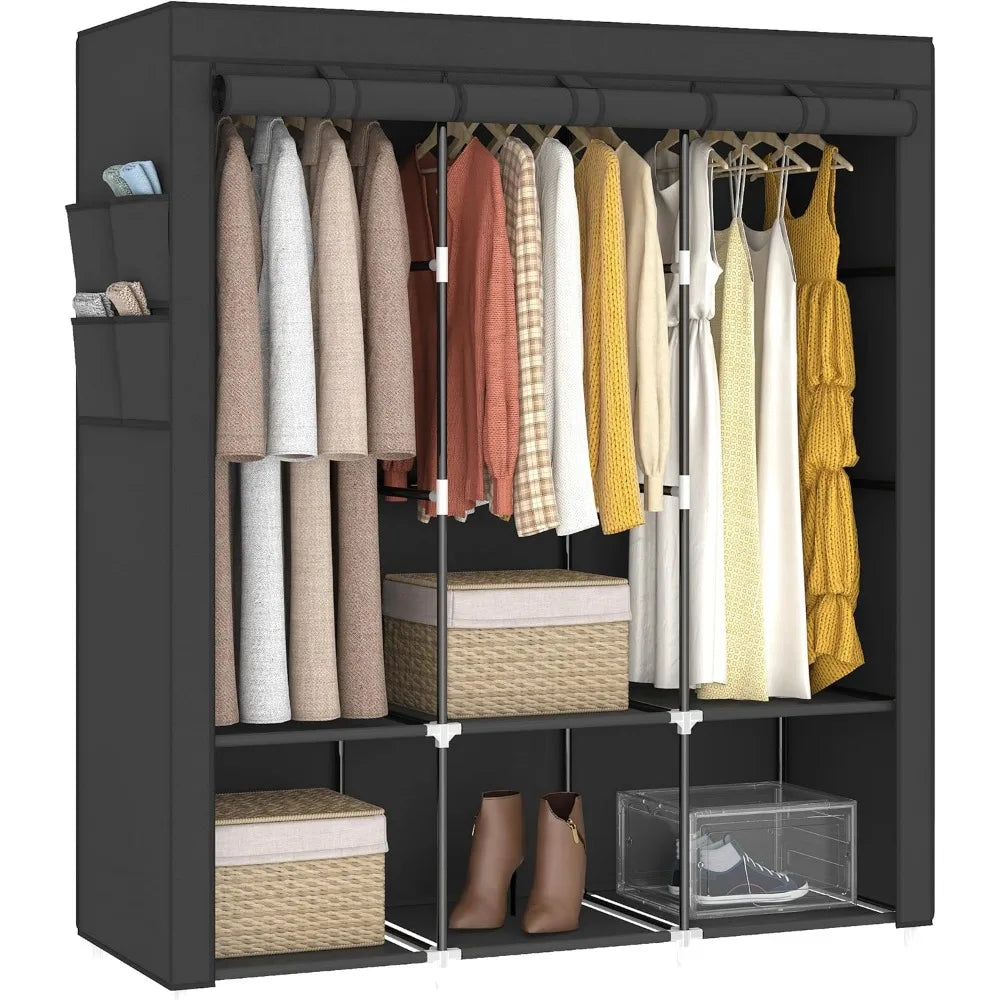 67 in Portable Closet Wardrobe for Hanging Clothes, Wardrobe Closet , 4 Hanging Rods and Side Pockets, 8 Storage Shelves