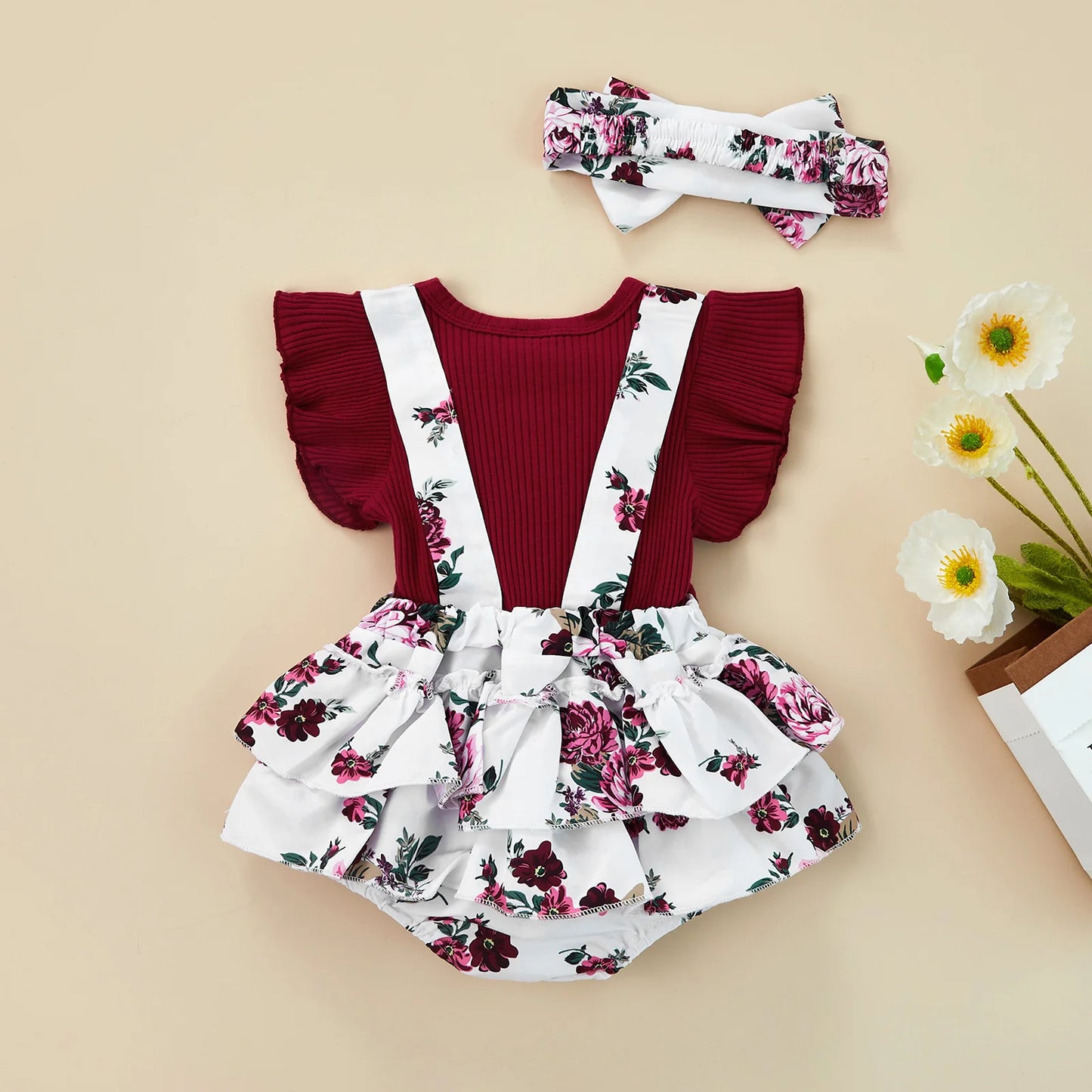 Infant Baby Girl Romper, Fly Sleeve Round Neck Ruffle Patchwork Toddler Summer Loose Jumpsuit+Head Band