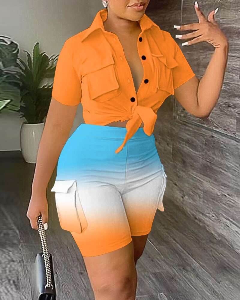 Summer Women Shirt Set Fashion Polo Collar Print Pocket Shirt Shorts Two Piece