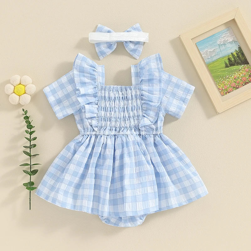 Pudcoco Baby Girls 2Pcs Set Square Neck Short Sleeve Frill Trim Plaid Romper Dress 3D Bow Headband Infant Toddler Summer Clothes