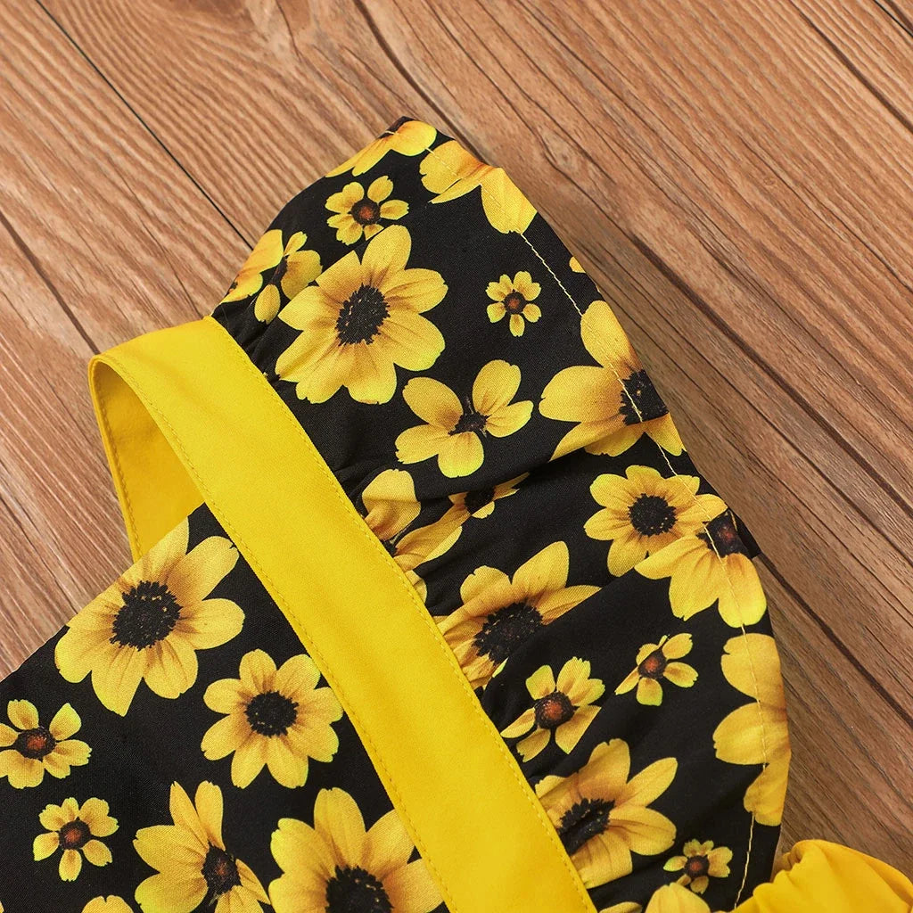 Baby Girl Sunflower Floral Print Splice Yellow Layered Sleeveless Ruffle Romper with Headband Set