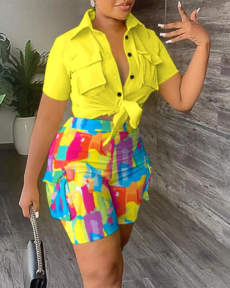 Summer Women Shirt Set Fashion Polo Collar Print Pocket Shirt Shorts Two Piece