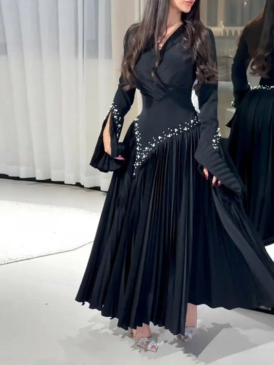 Pleated Black Dress Fashion Rhinestone Evening Banquet Long Dresses