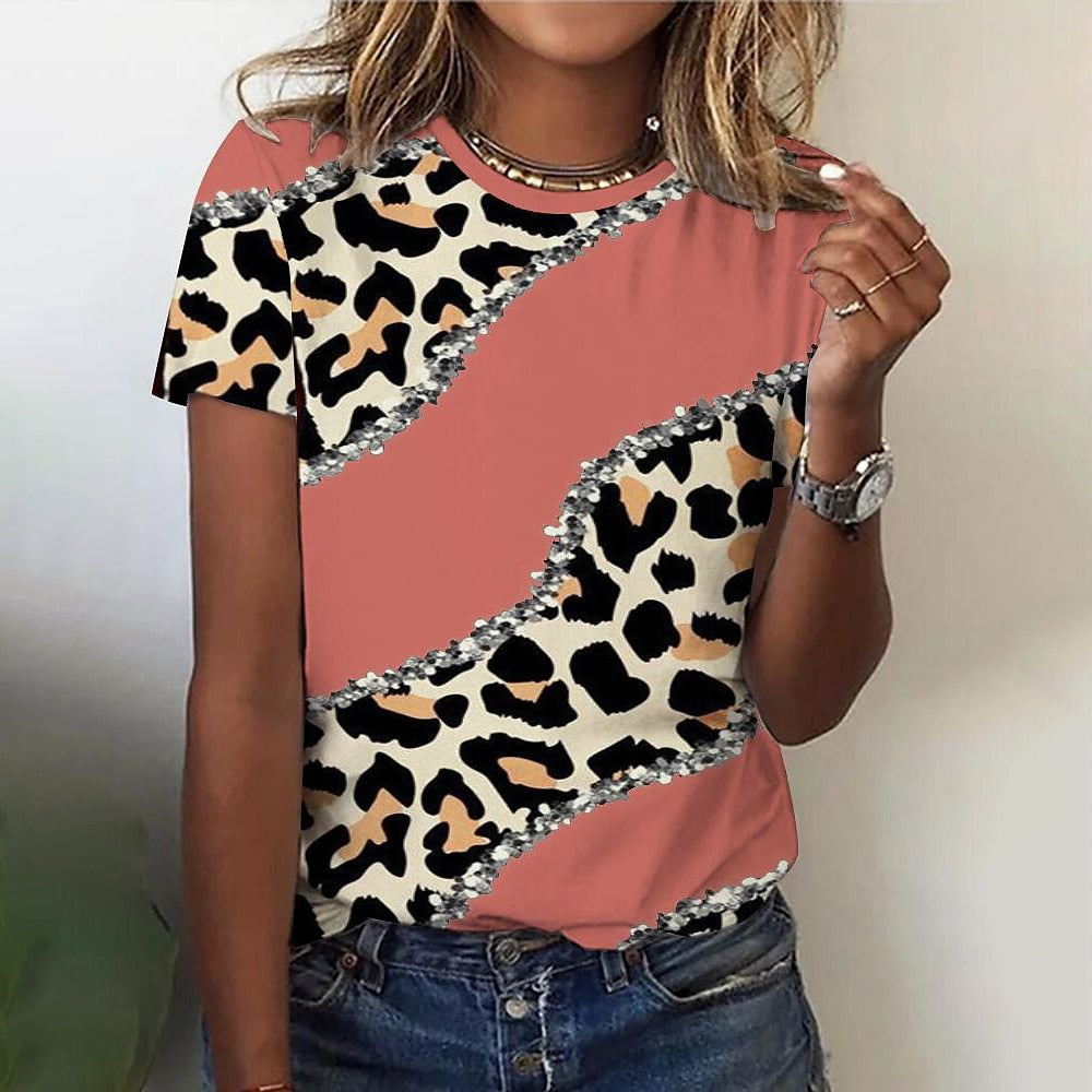 T-shirt O Neck Leopard Print Short Sleeve Clothing Streetwear Hip-Hop Top Vintage Sexy Pullover T Shirt Girls