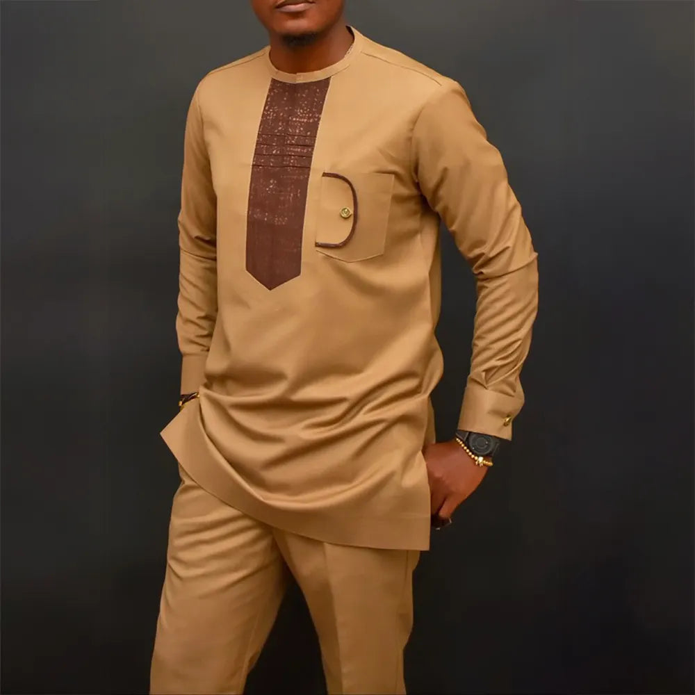 Men's Elegant Long Sleeve Suit Shirt Pants 2-piece Solid Color Party Long Sleeve African Ethnic Style-men suit-Top Super Deals-Free Item Online
