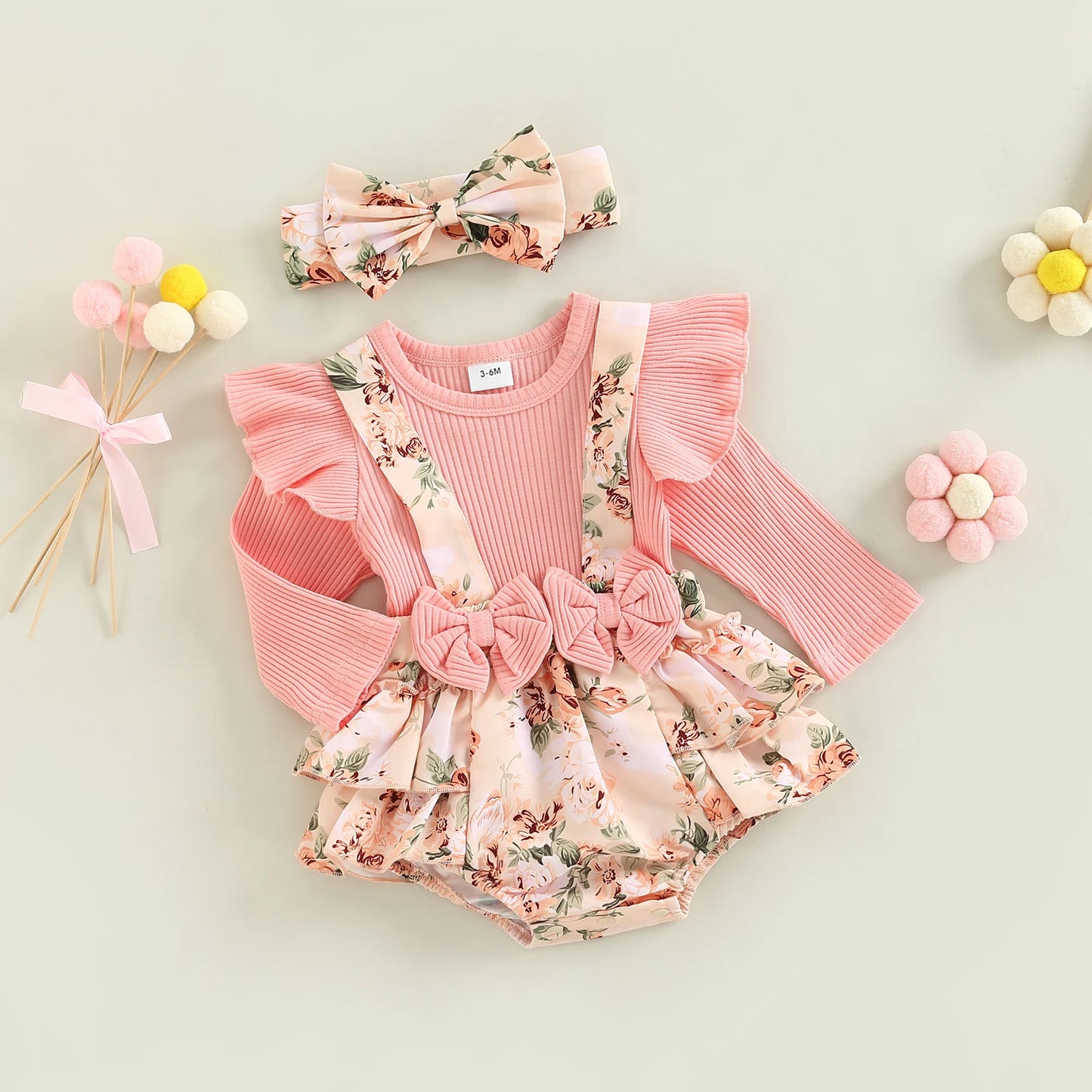 Infant Newborn Baby Girls 2Pcs Spring Autumn Outfits, Long Sleeve Romper Floral Suspender Dress + Headband Set