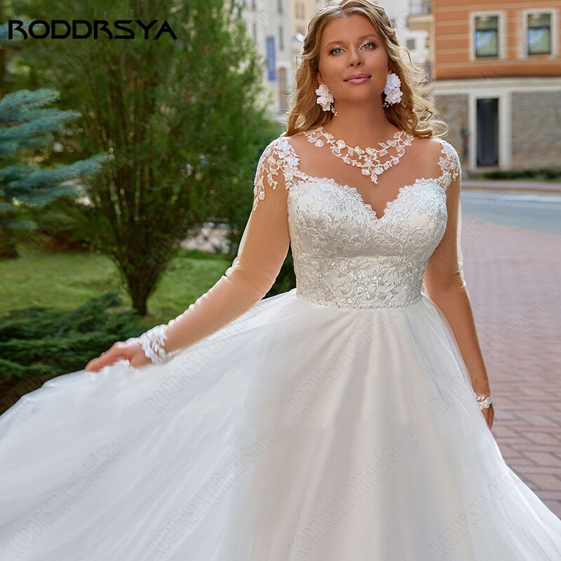 Illusion O-Neck Applique Wedding Dress Plus Size Beach Bridal Gown Lace Up Backless