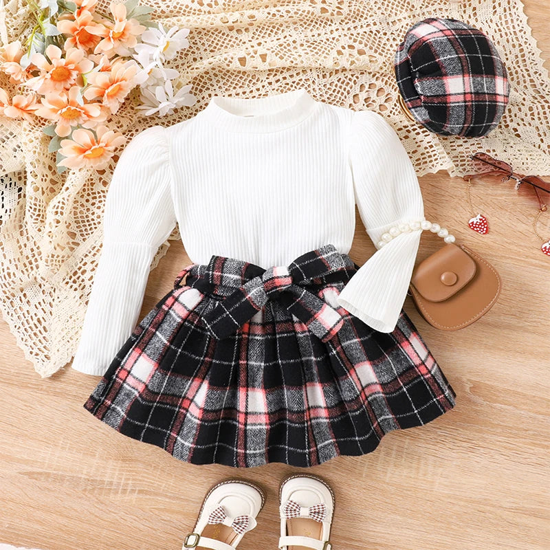 3Pcs Kids Girl Clothes Fall Outfit Solid Color Ribbed Long Puff Sleeve Tops Plaid A-Line Skirt Beret Set Fashion Clothes