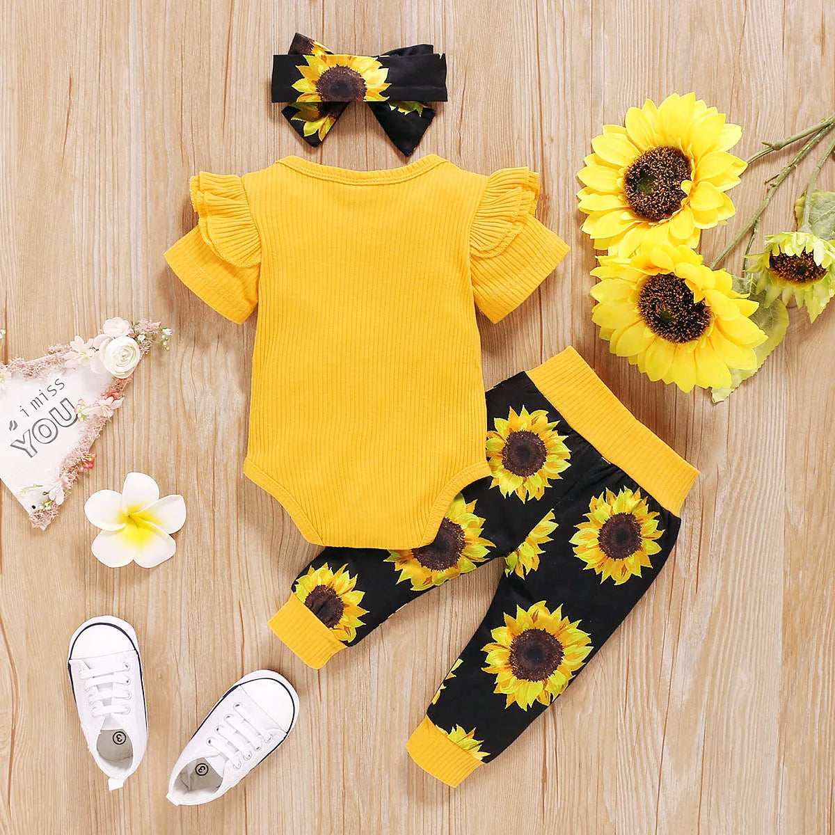 3Pcs Summer Newborn Baby Girl Clothes Set Short Sleeve Ruffle Romper Tops Sunflower Floral Print Pants Headband Infant Outfits