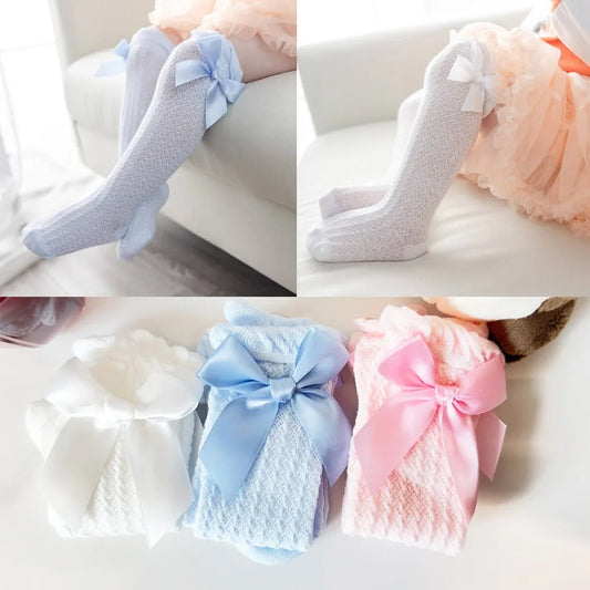 3 Pairs White Pink and Blue Baby Hot Sales Summer Hose Tube Bow Anti Mosquito Knee Socks