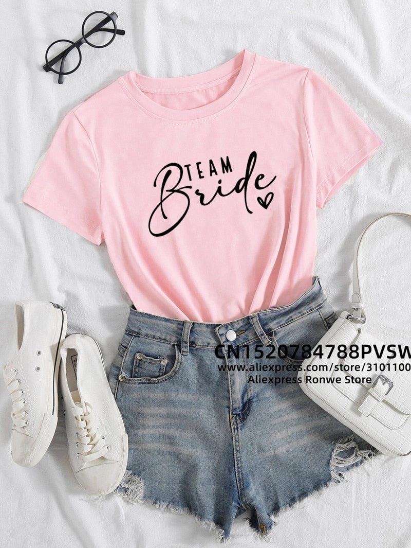 Team Bride Heart Evjf Hen Party Women Gropu T-shirt Girl Wedding Female Tops Tee Camisetas Mujer Female Black Pink White Clothes