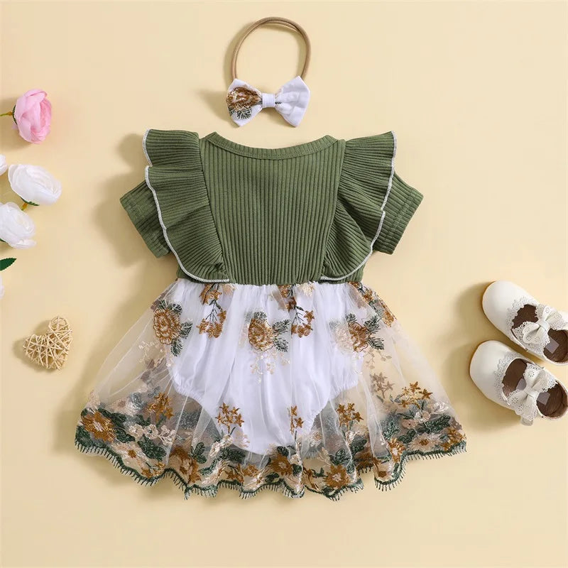 Newborn Baby Girl Romper Dress Flower Embroidery Knit Rib Ruffles Crew Neck Jumpsuit Summer Bodysuit Bow Headband