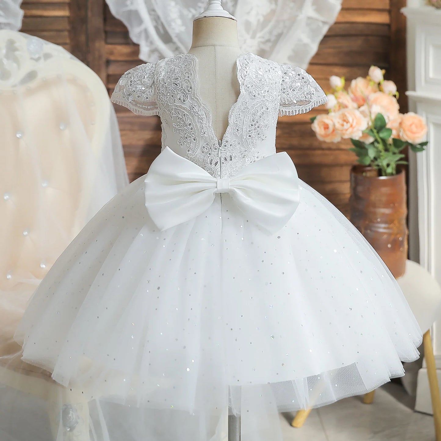 Toddler Girls 1st Birthday Party Dresses Cute Bow Kids Princess Lace Tulle Short Dress Flower Girls Dresses for Wedding 1-5 Year