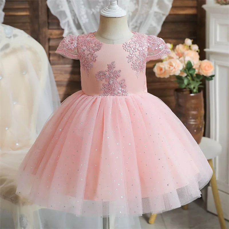 Toddler Girls 1st Birthday Party Dresses Cute Bow Kids Princess Lace Tulle Short Dress Flower Girls Dresses for Wedding 1-5 Year