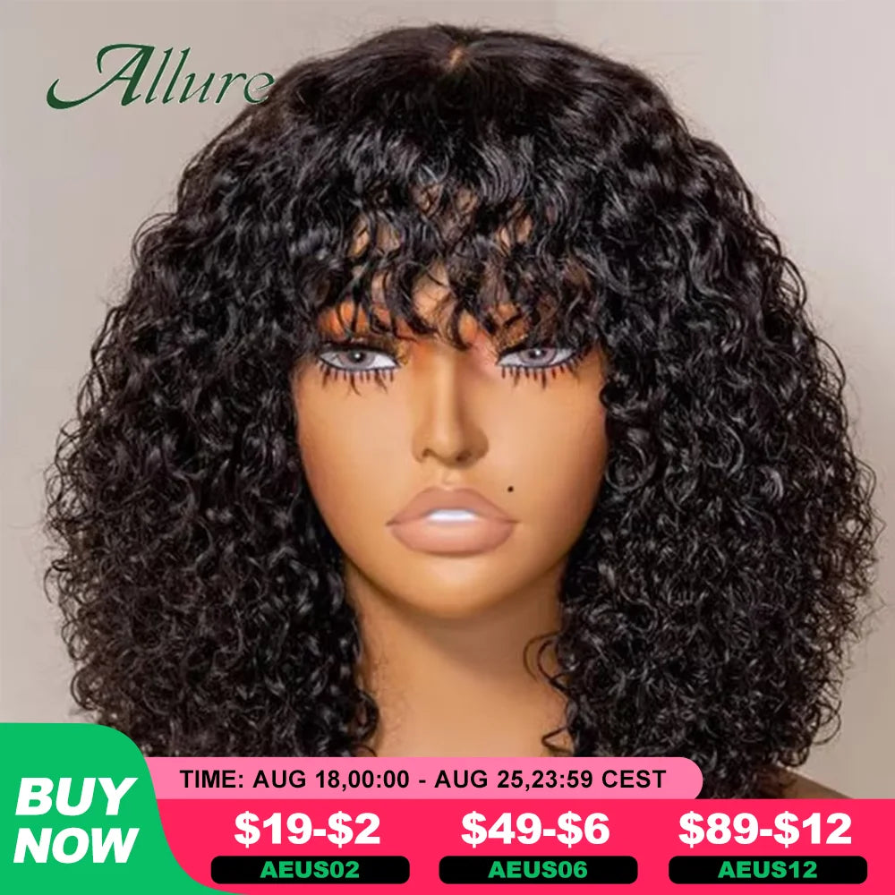 Natural Jerry Curly Wig With Bangs Human Hair Wigs Black Women Short Colored Burgundy Brown Glueless Brazilian Remy Hair Allure