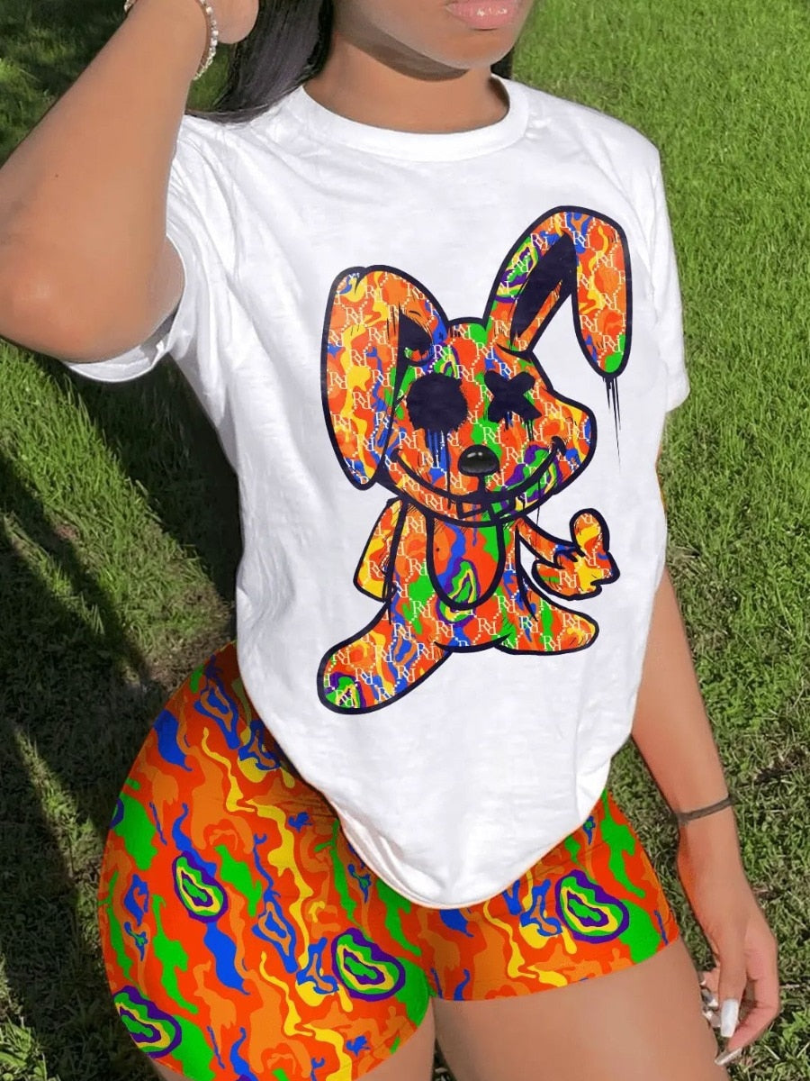 Multicolor Two Pieces Shorts Suits Cartoon Mixed Print Shorts Set Short Sleeve Pullover White Print Bottoms Outfits-Top Super Deals-Free Item Online