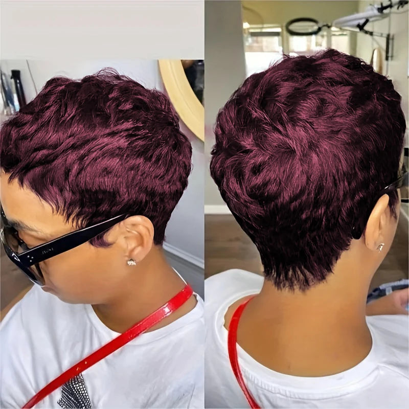 Short Pixie Cut Wig Human Hair For Women Machine Made Wigs With Bangs Colored Wig 180 Density