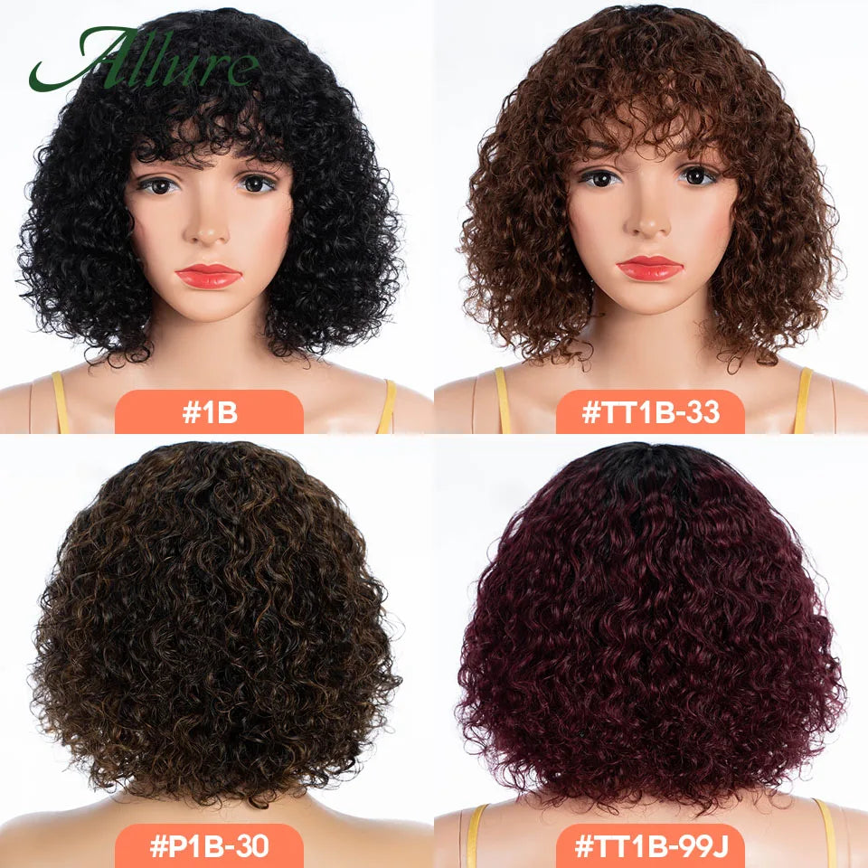 Natural Jerry Curly Wig With Bangs Human Hair Wigs Black Women Short Colored Burgundy Brown Glueless Brazilian Remy Hair Allure