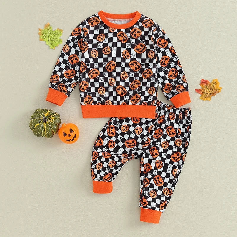 Toddler Baby Boy Clothes Halloween Pumpkin Checkerboard Print Long Sleeve Pullover Elastic Waist Pants 2Pcs Outfit