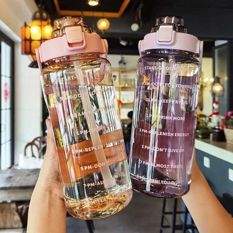 2 Liter Water Bottle with Straw Female Girls Large Portable Travel Bottles Sports Fitness Cup Summer Cold Water with Time Scale