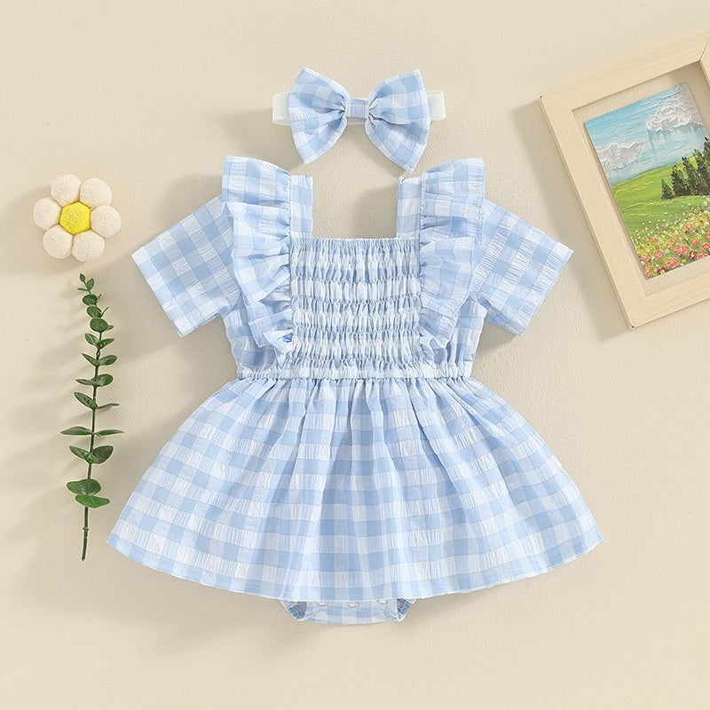 Plaid Romper Dress 3D Bow Headband Infant Toddler Summer Clothes