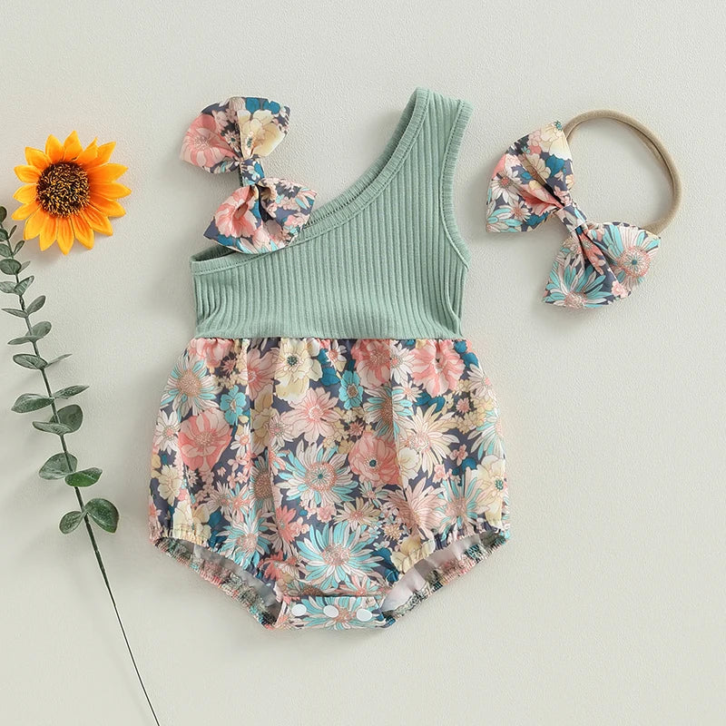 pudcoco Infant Newborn Baby Girl Two Piece Outfits Summer Floral One Shoulder Romper and Stretch Headband Cute Clothes