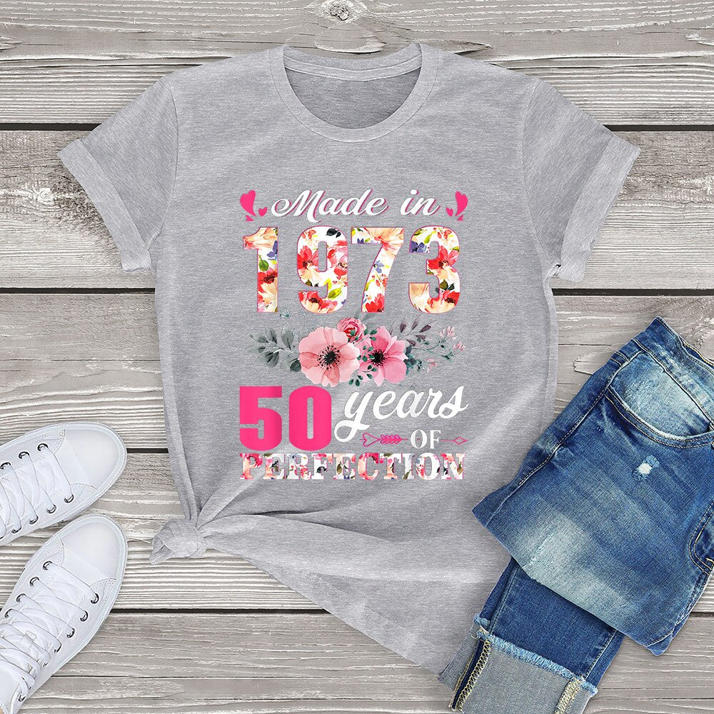 Born In 1973 Floral 50 Years Old Birthday Women T-Shirt Printed Top Unisex Casual Tee Streetwear