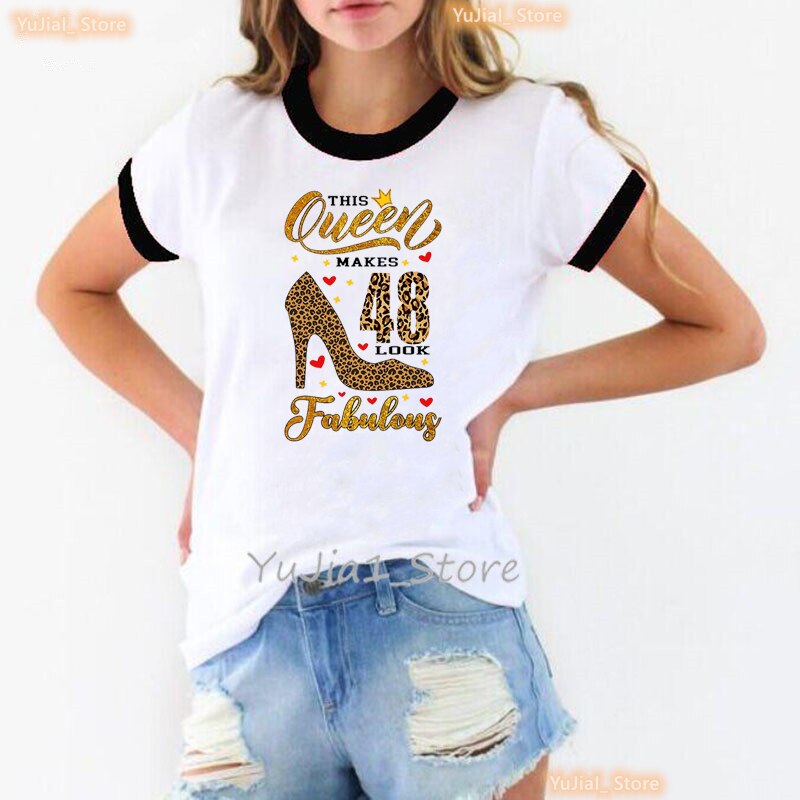 Queen Makes 50 Look Fabulous Graphic Print Women Leopard Love Birthday Party Tshirt