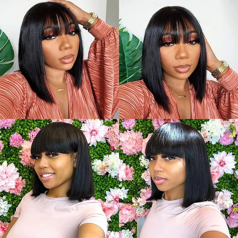 3X1 Middle Part Lace Wig Bob Wigs Full Machine Made Bone Straight Human Hair Wigs With Bangs Short Bob Human Hair Wigs For Women