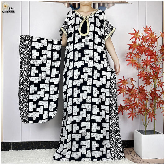 Women Short Sleeve Cotton Loose Dress Boubou Maxi Dresses With Scarf