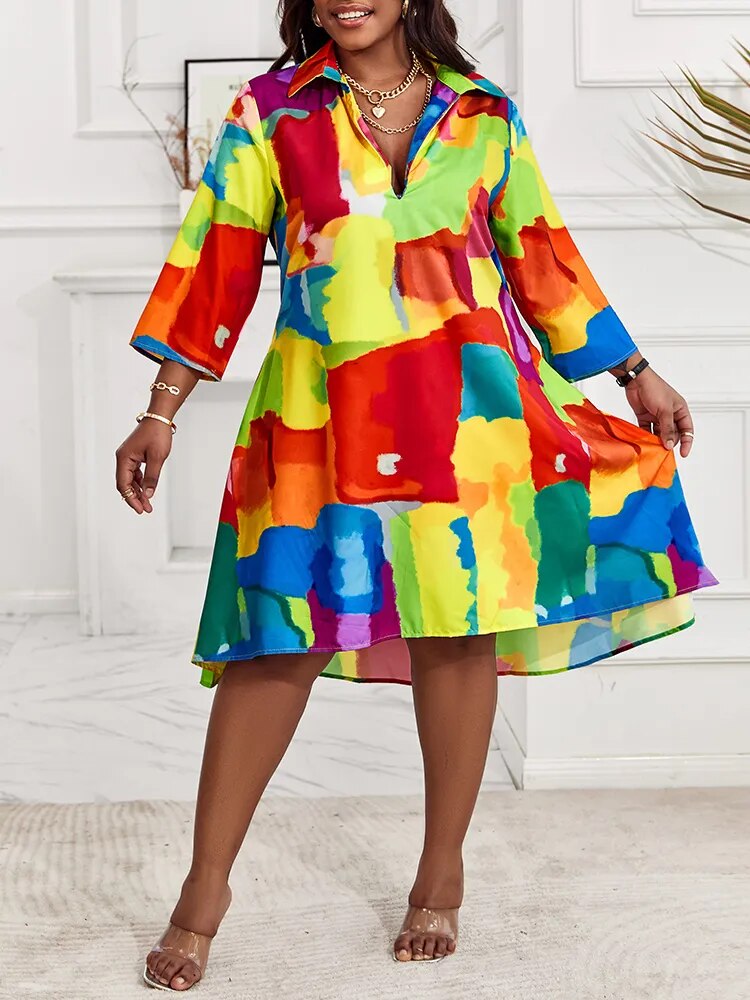 Plus Size Melting Colors All-over Print Flowy Shirt Dress