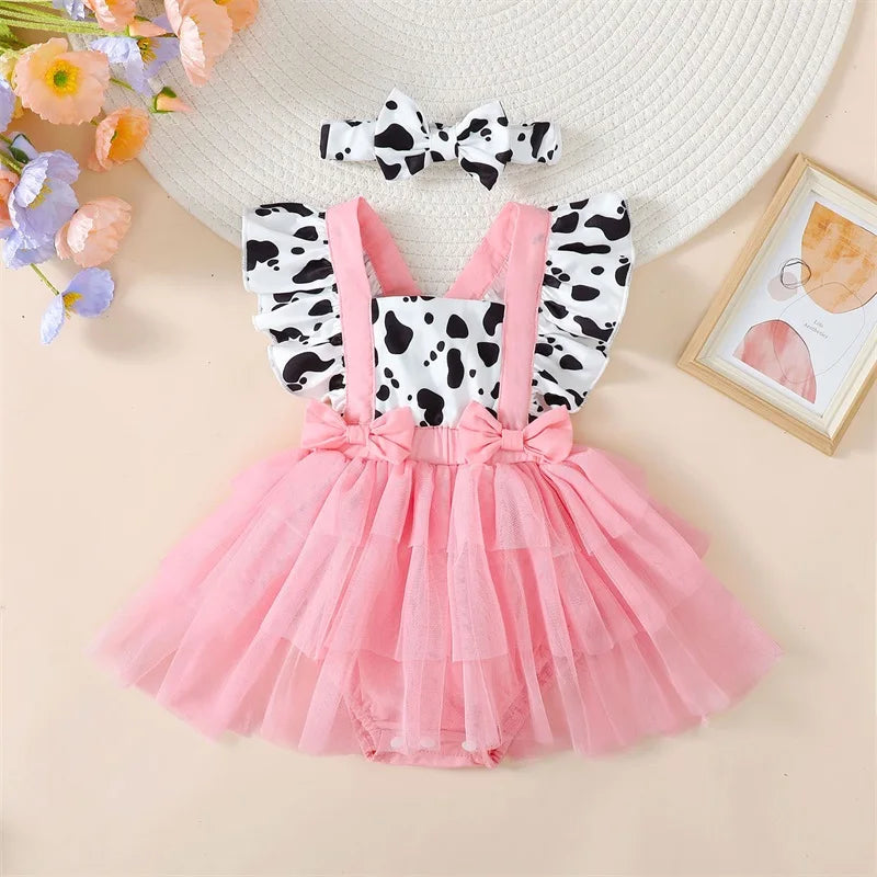 Summer Baby Clothing Girls Romper Dress Flying Sleeve Cow Print Tulle Patchwork Romper with Headband Casual Cute Outfits