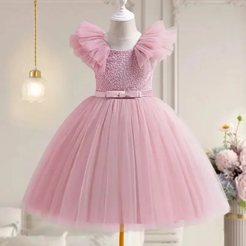 Ruffles Elegant Wedding Party Dress for Kids Girl Lace Flower Princess Dress for Girls Birthday Party Gown Holiday Kid's Dress