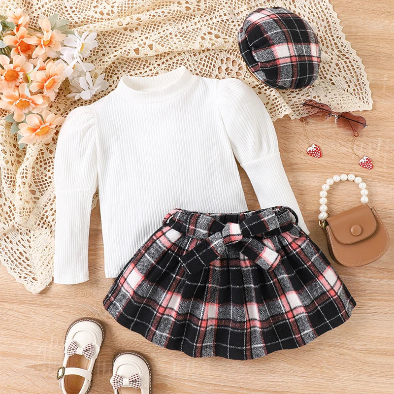 3Pcs Kids Girl Clothes Fall Outfit Solid Color Ribbed Long Puff Sleeve Tops Plaid A-Line Skirt Beret Set Fashion Clothes