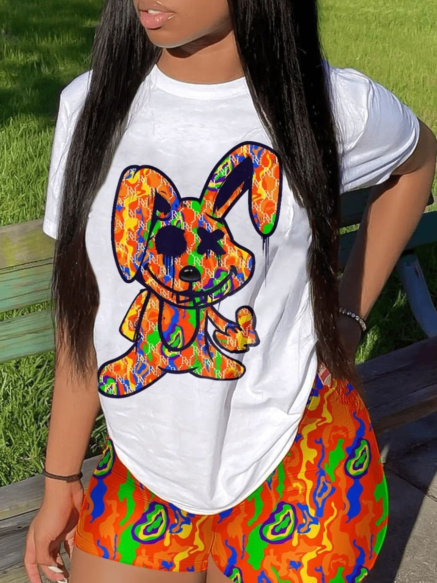 Multicolor Two Pieces Shorts Suits Cartoon Mixed Print Shorts Set Short Sleeve Pullover White Print Bottoms Outfits-Top Super Deals-Free Item Online