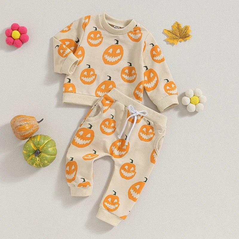 Baby Girls Boys Clothes Set Halloween Pumpkin Print Long Sleeve Crew Neck Sweatshirt with Elastic Waist Sweatpants Fall Clothes