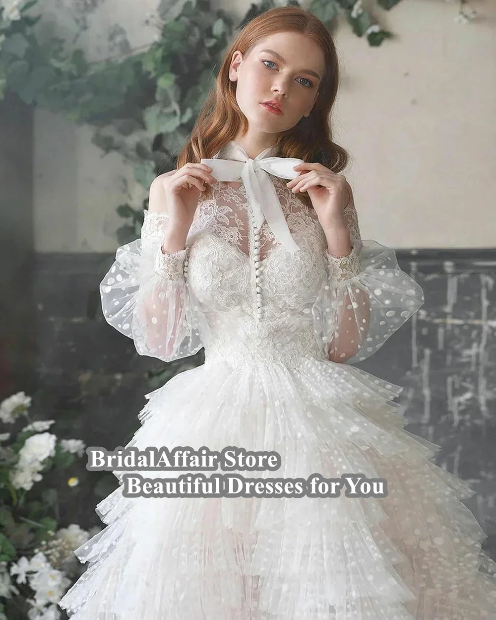 Lace Appliques A Line Ruffles Bridal Dress Full Lace Sleeves